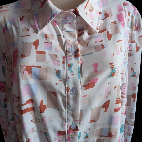 2XL Vintage 80s Abstract Print Blouse With Down Slinky Polyester Pleated Back De - Picture 2 of 7